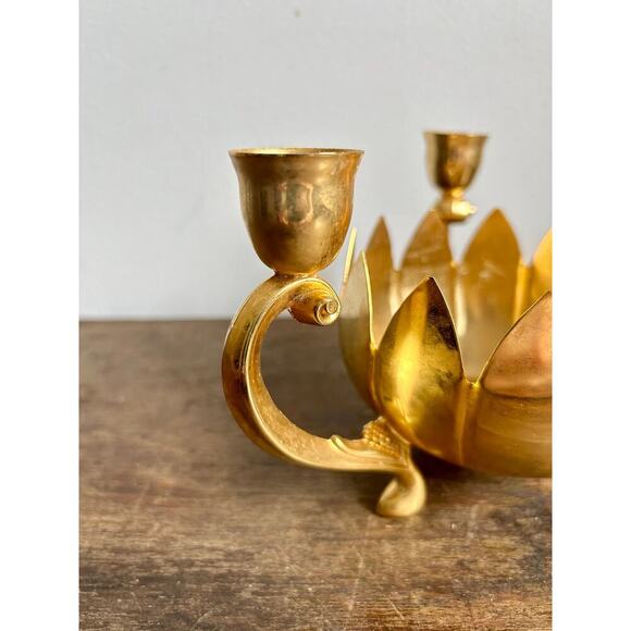 Vintage Brass Lotus Flower 3 Candle Holder | Footed Monteith Bowl | - Picture 3 of 5
